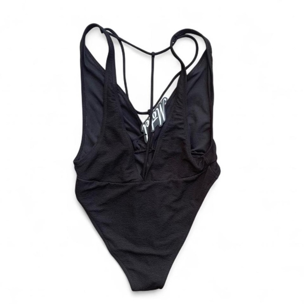 Deep Plunge Modern Minimalist Motel Rocks Black One Piece Swimsuit - Picture 4 of 6